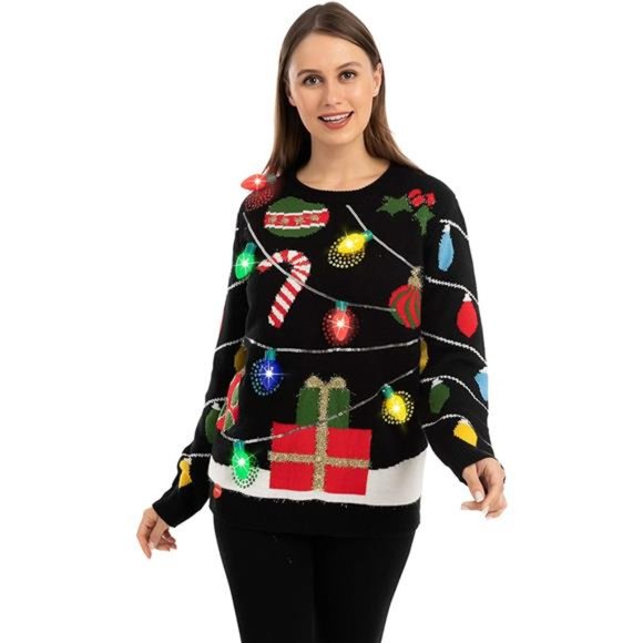 Womens LED Light Up String Light Ugly Christmas Sweater Built-in Light Bulbs - Picture 3 of 5